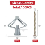 Kit com 100 peças de buchas para gesso cartonado, incluindo buchas para paredes ocas, parafusos, buchas borboleta e buchas de expansão para tubos.
