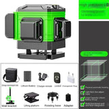 Nível laser 16 linhas, controlo remoto, autonivelamento 360°, feixe verde horizontal e vertical, nível laser 4D, ferramentas domésticas