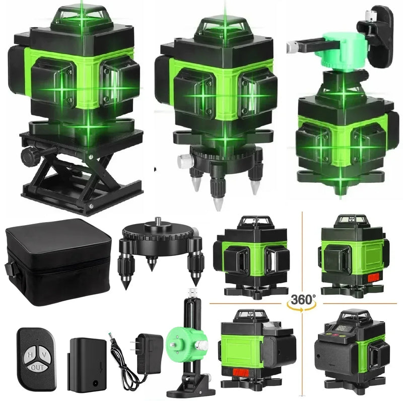Nível laser 16 linhas, controlo remoto, autonivelamento 360°, feixe verde horizontal e vertical, nível laser 4D, ferramentas domésticas
