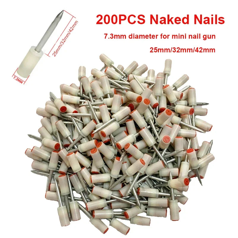 200 pregos de aço sem revestimento de 25 mm/32 mm/42 mm para mini pistola de pregos manual, ferramenta elétrica, bucha de parede, ranhura para arame para mini pistola de pregos de 7,3 mm