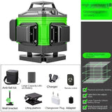 Nível laser 16 linhas, controlo remoto, autonivelamento 360°, feixe verde horizontal e vertical, nível laser 4D, ferramentas domésticas