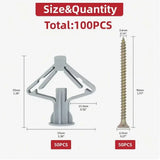Kit com 100 peças de buchas para gesso cartonado, incluindo buchas para paredes ocas, parafusos, buchas borboleta e buchas de expansão para tubos.